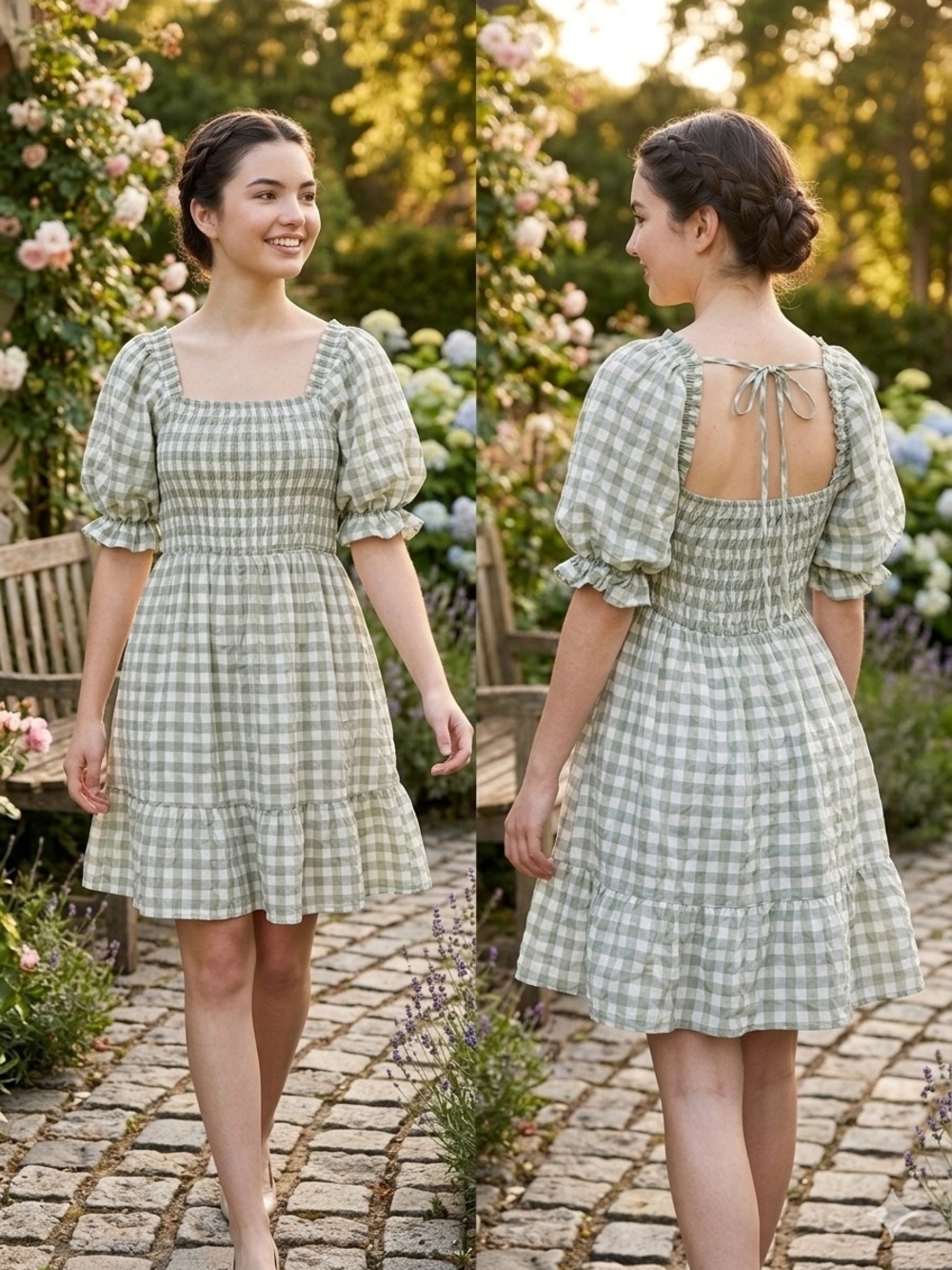 Princess Polly Sage Gingham Smocked Mini Dress